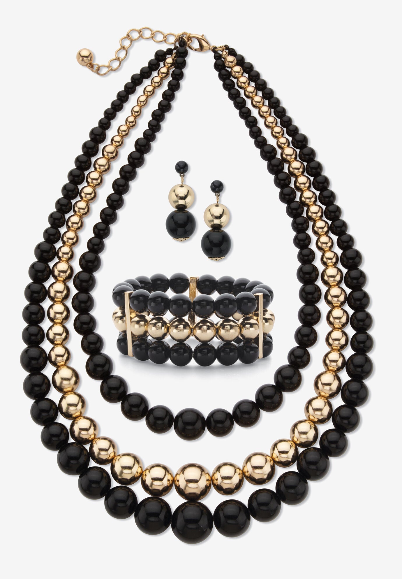 3-Piece Set Bib Necklace (43Mm), Round Simulated Beads, 16.5 Inches Plus 3 inches Ext, WHITE, hi-res image number 0