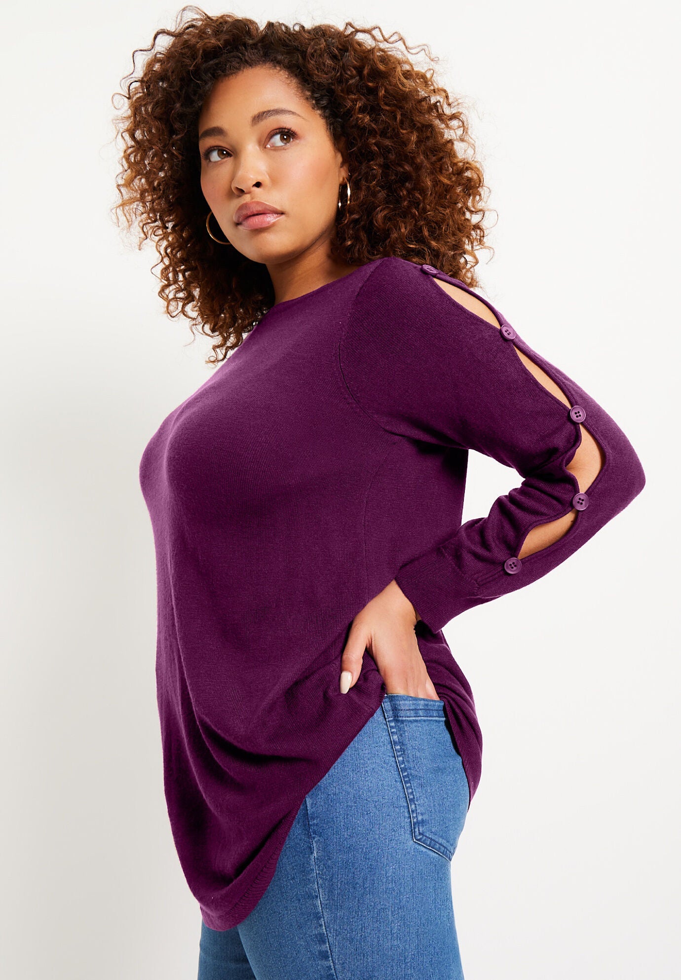 Button-Sleeve Sweater, , alternate image number 1