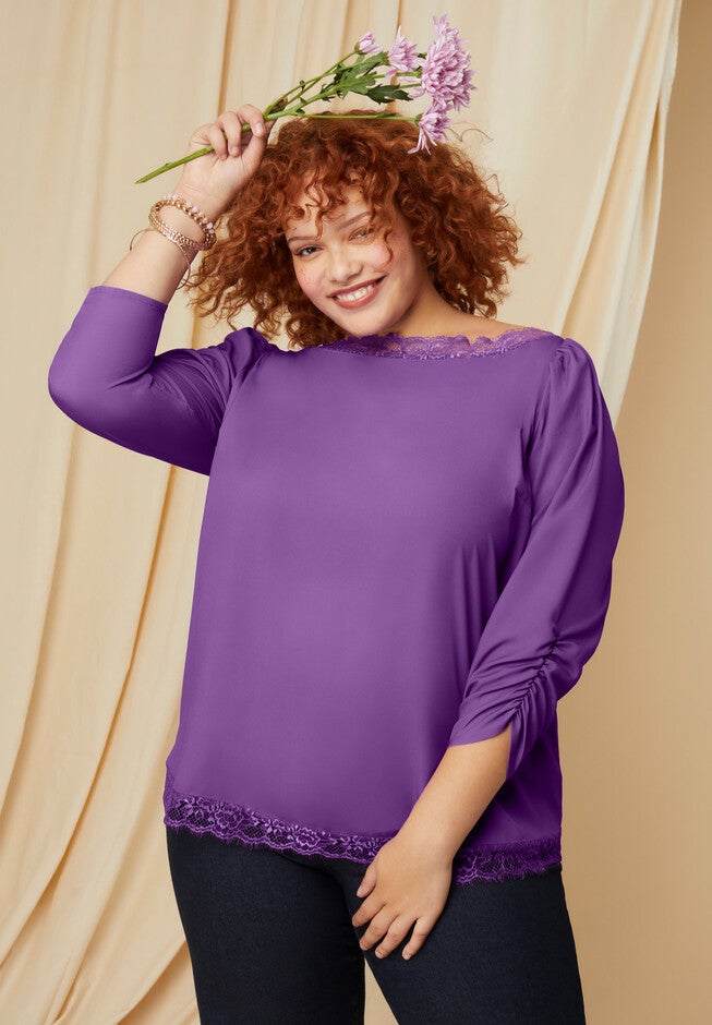 Eyelash-Lace-Trim Boatneck Top, BRIGHT VIOLET, hi-res image number null