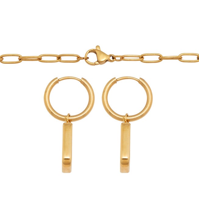 Genuine Mother of Pearl Yellow Gold Ion-Plated Stainless Steel Drop Jewelry Set, WHITE, on-hover image number null