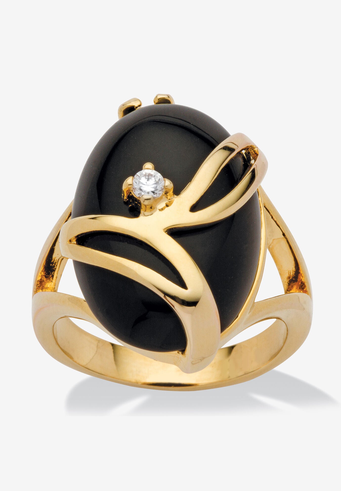 Yellow Gold Plated Natural Black Onyx and Round Crystal Ring, ONYX, hi-res image number 0