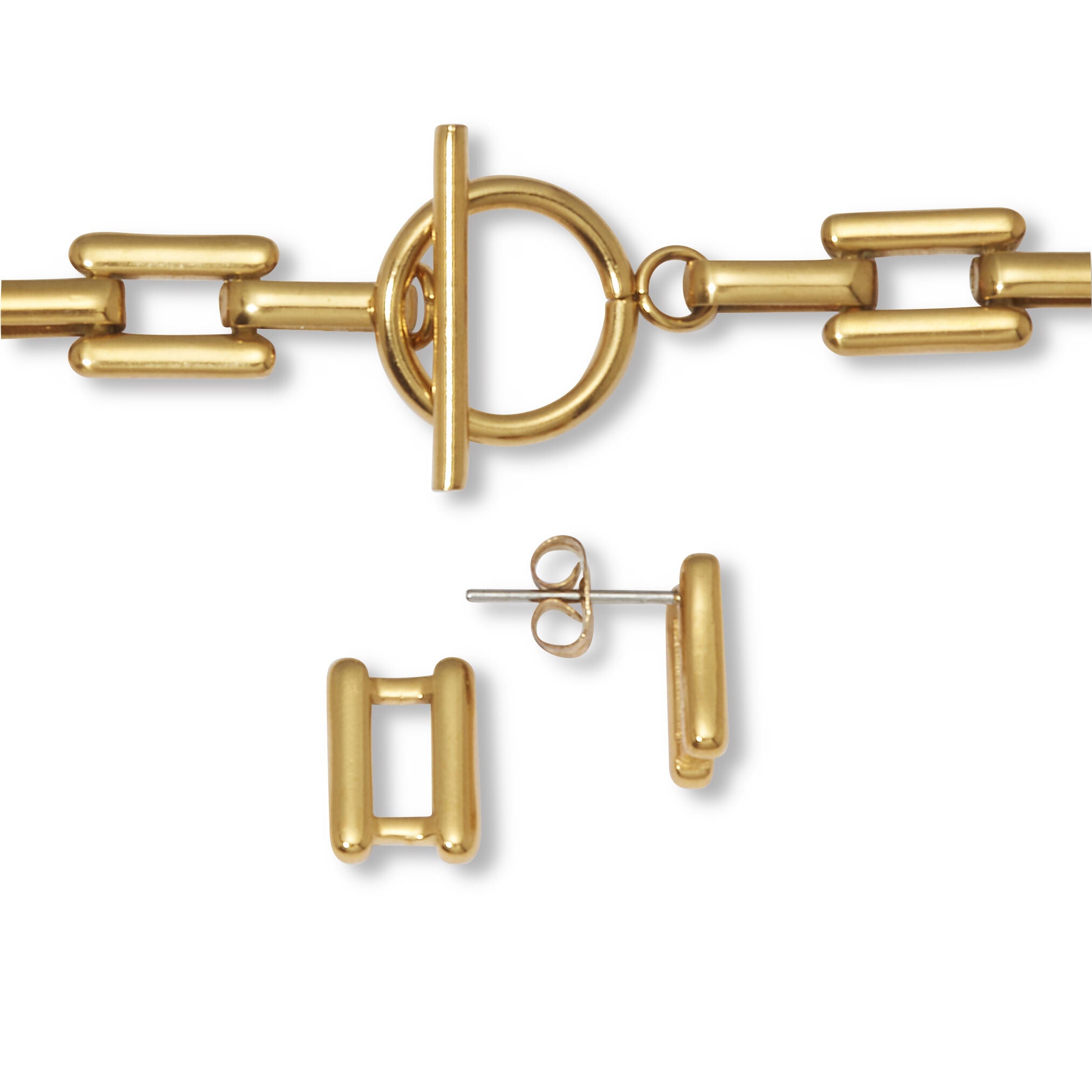 Yellow Gold Ion-Plated Stainless Steel Square Link Jewelry 3-Piece Set, GOLD, on-hover image number 1