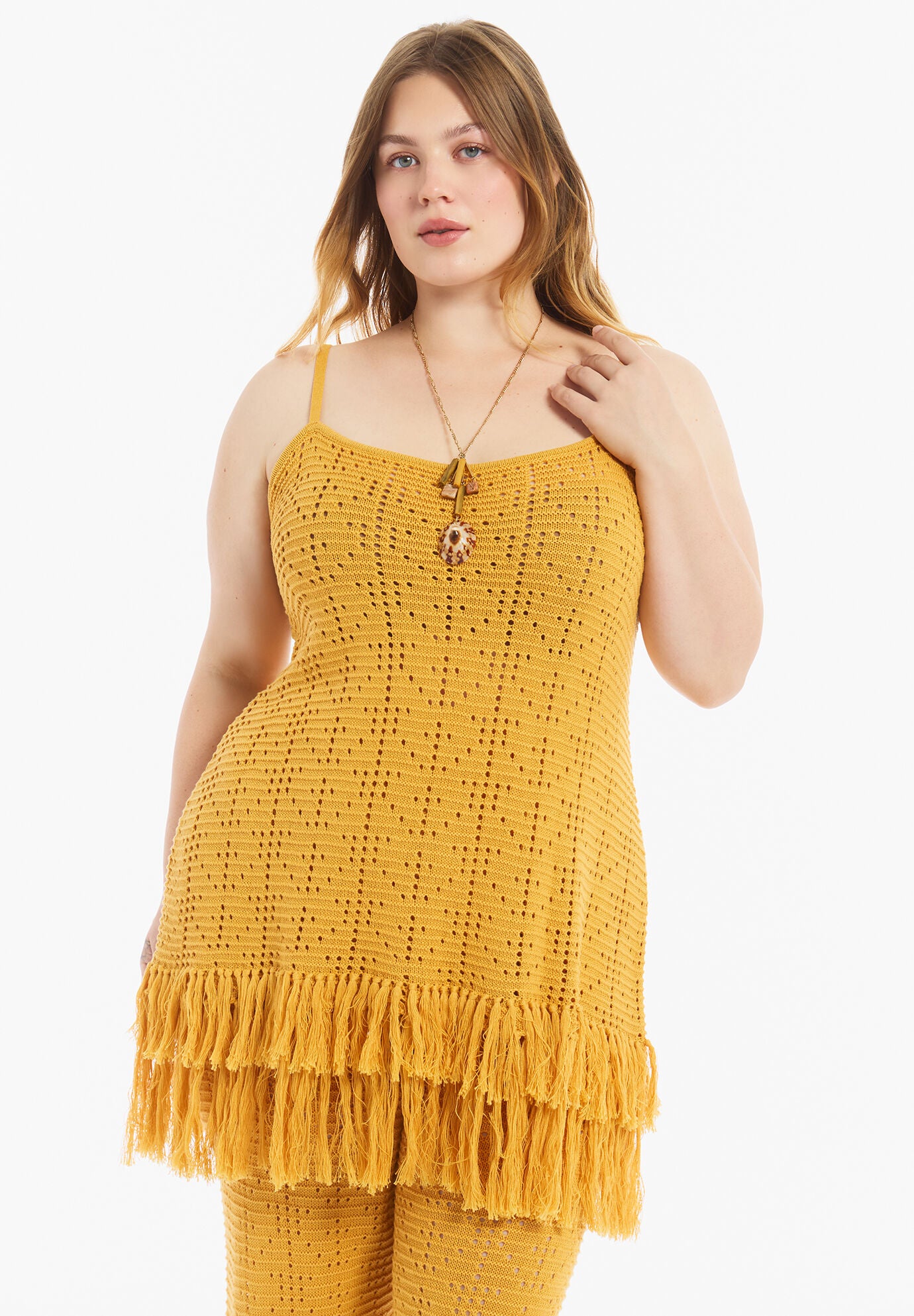 Fringe Trim Pointelle Knit Tunic, HONEY GOLD, hi-res image number 0