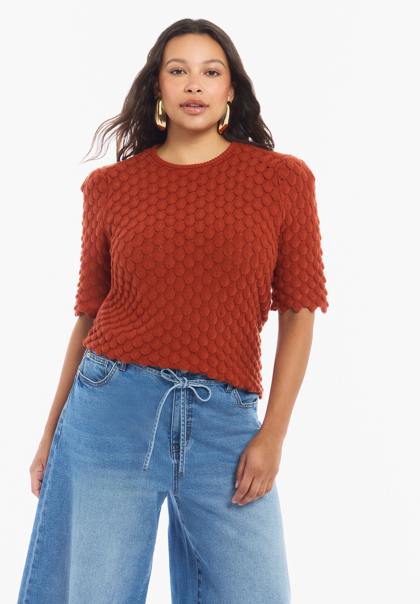 Scallop-Trim Short Sleeve Sweater, BURNT OCHRE, alternate image number 2