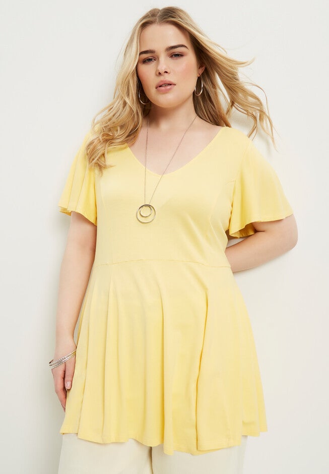 Flutter-Sleeve Peplum Tee, , alternate image number null