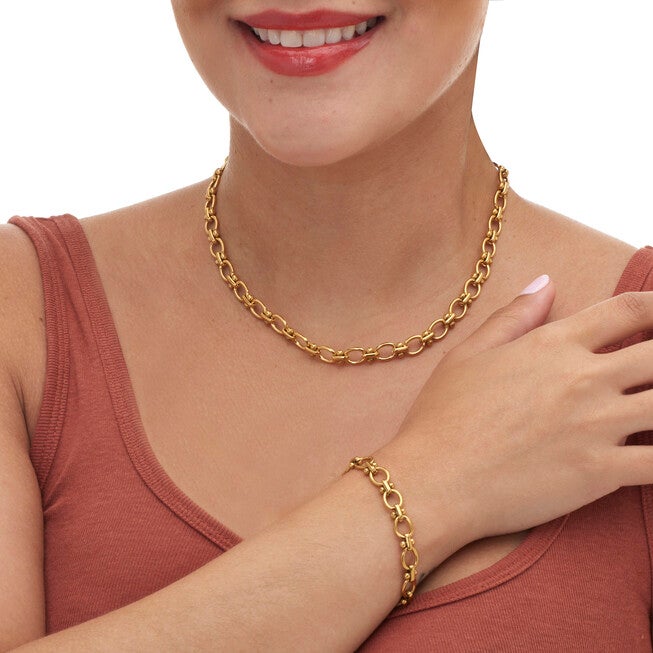 Yellow Gold Ion-Plated Stainless Steel Round Link Necklace Set, 18 to 20-inch, GOLD, alternate image number 2