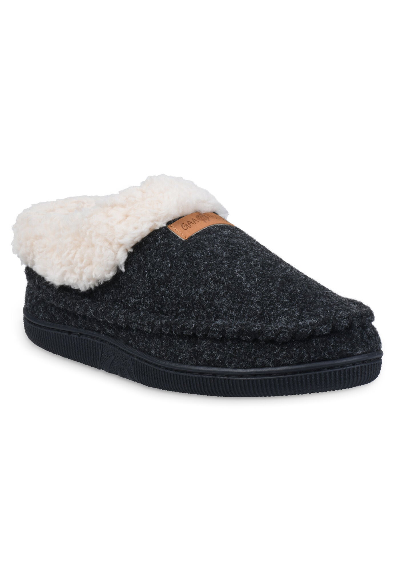 Faux Wool Mocassin Fullfoot With Collar Slipper, BLACK, hi-res image number 0