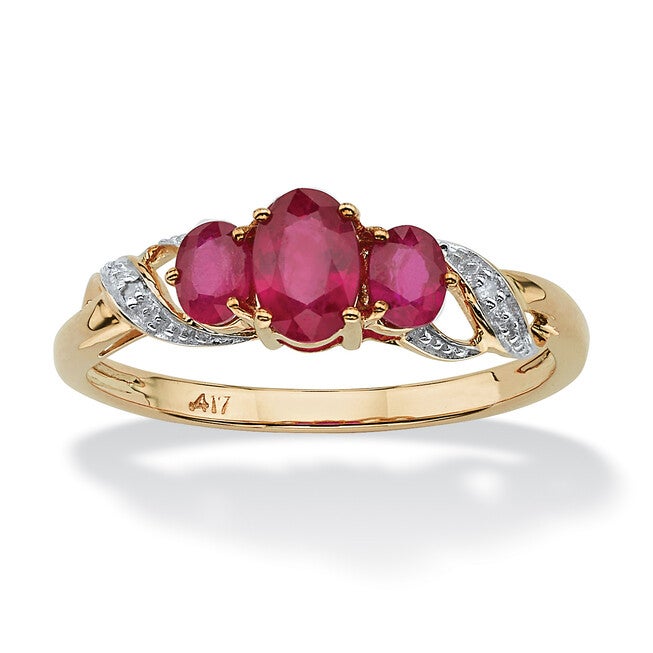 1 TCW Oval-Cut Ruby and Diamond Accent Three Stone Ring in 10k Gold, WHITE, hi-res image number null