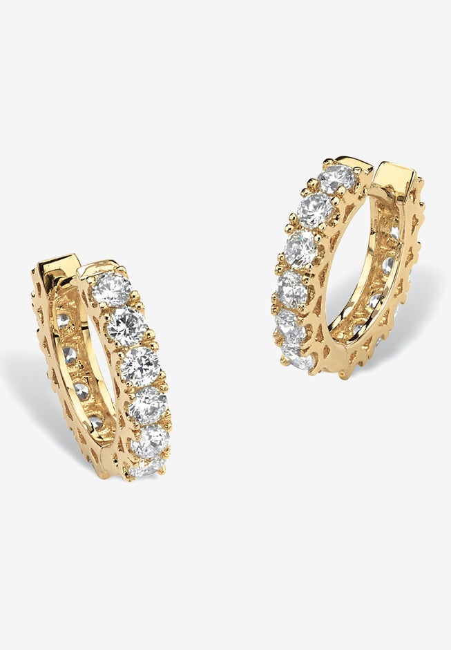 Yellow Gold-Plated Huggie Hoop Earrings, CUBIC ZIRCONIA, hi-res image number 0
