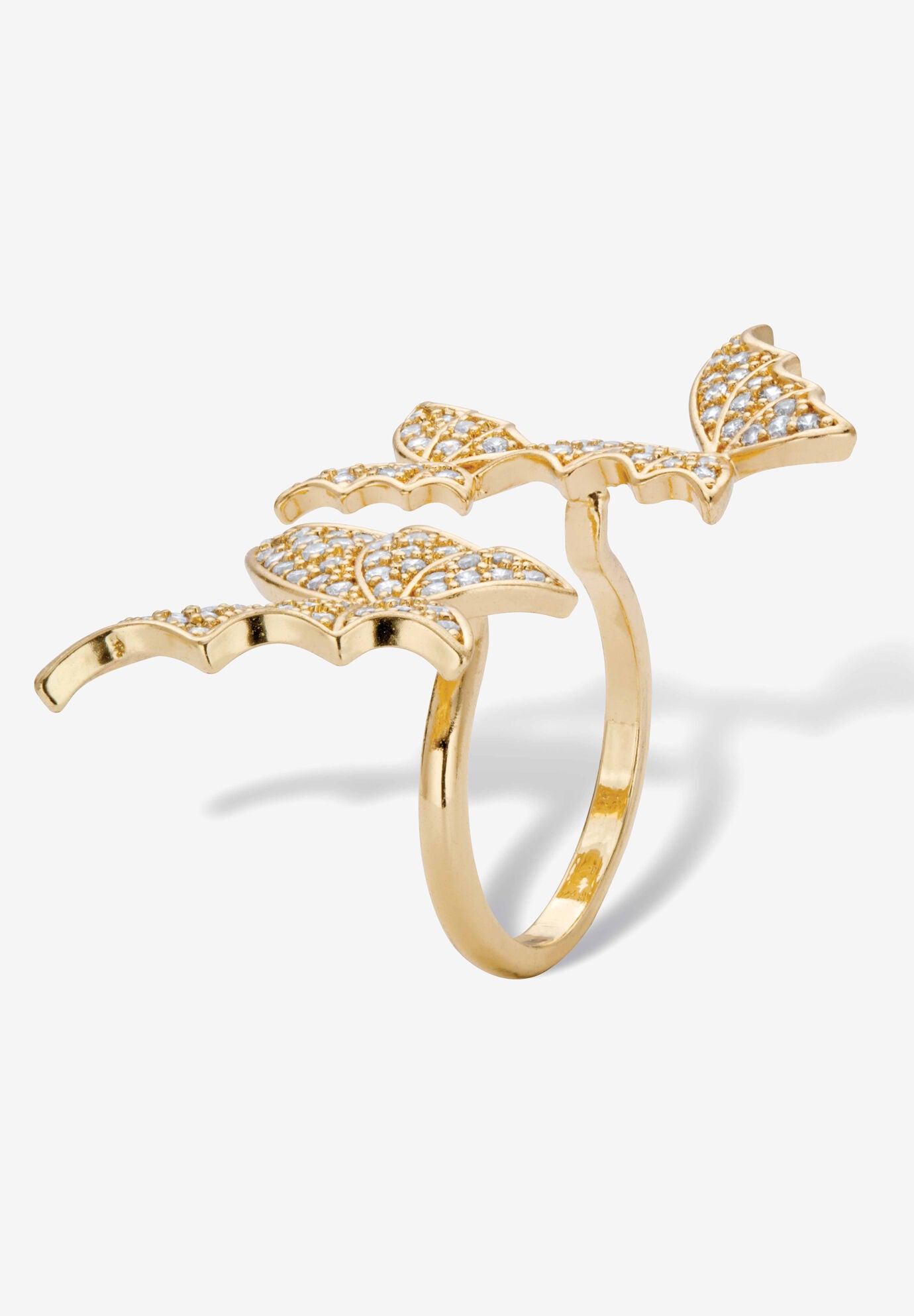 Goldtone Round Crystal Adjustable Butterfly Ring, , on-hover image number 1