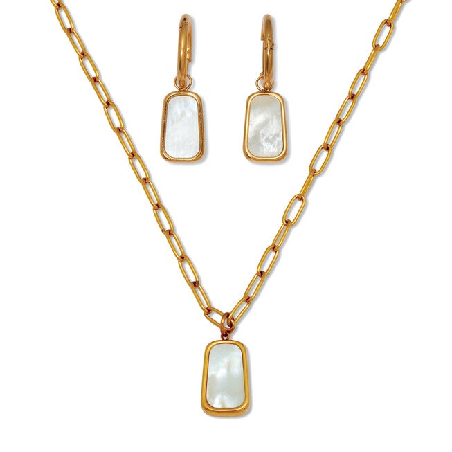 Genuine Mother of Pearl Yellow Gold Ion-Plated Stainless Steel Drop Jewelry Set, WHITE, hi-res image number null