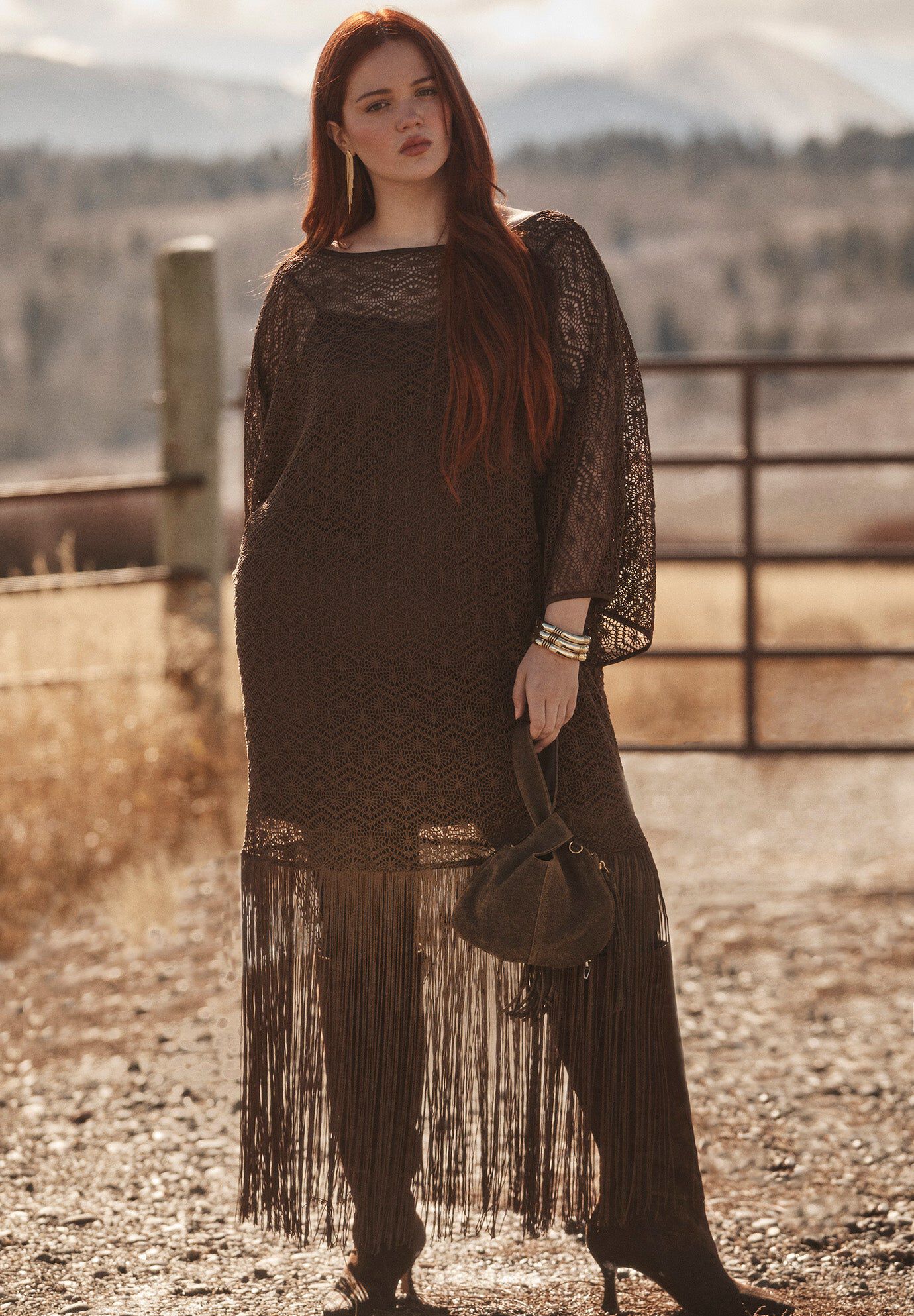 Lace Kimono Dress with Fringe, CHESTNUT, hi-res image number 0