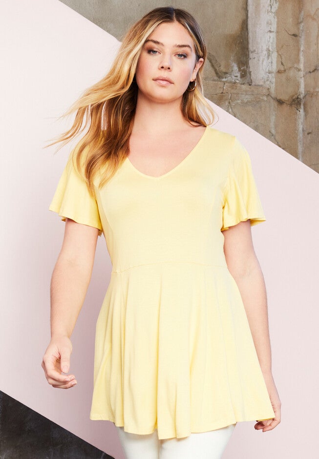 Flutter-Sleeve Peplum Tee, LEMON MIST, hi-res image number null