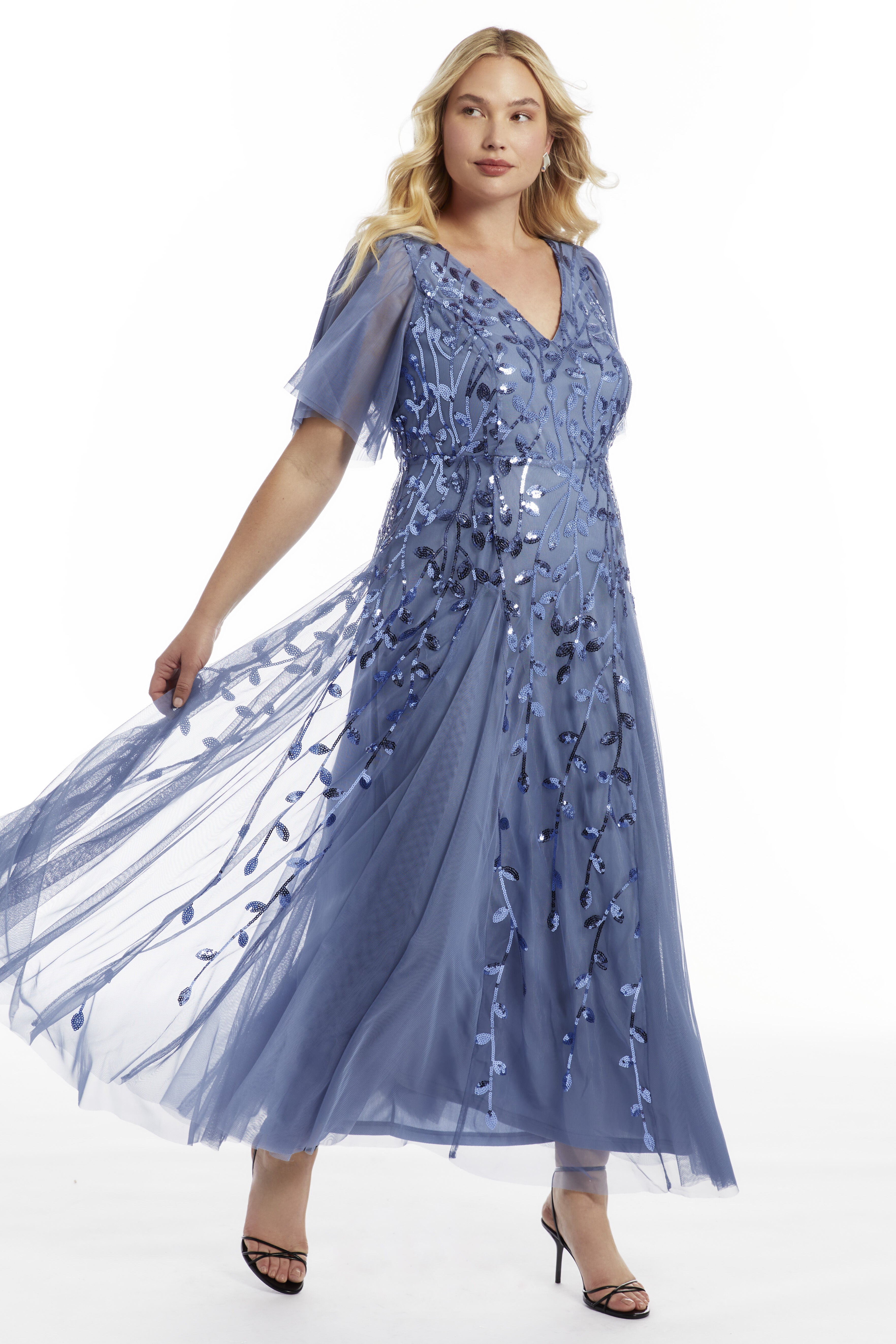Embellished V-Neck Gown With Godets, PALE INDIGO, hi-res image number 0