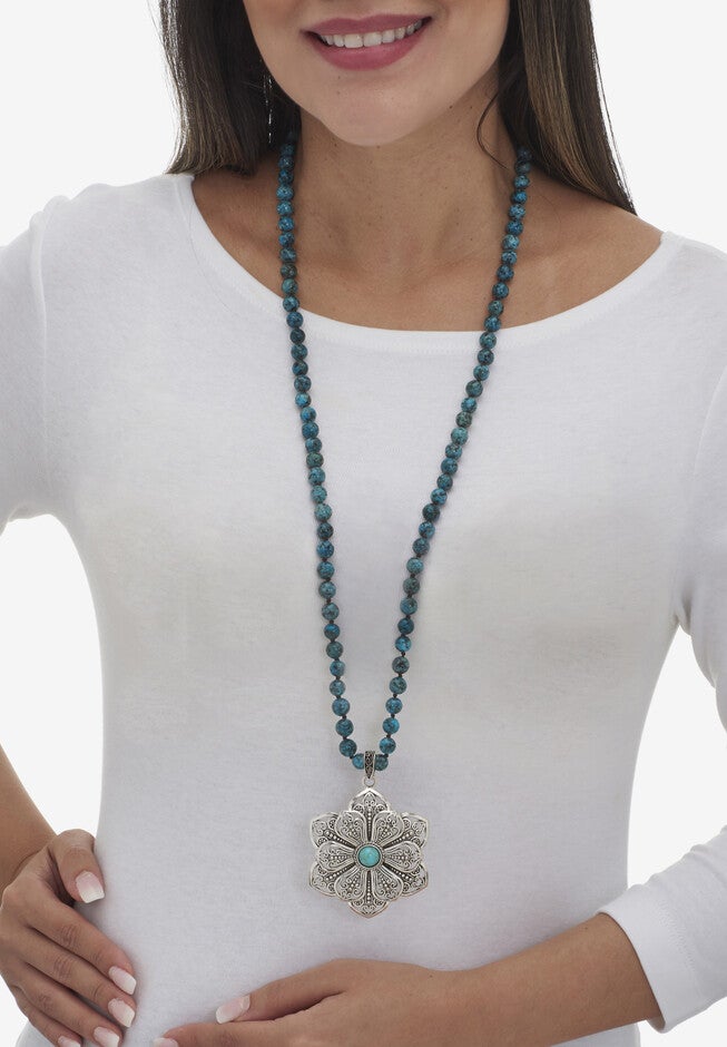 Round Genuine Jasper And Simulated Turquoise Silvertone Flower Necklace 34-Inch, , alternate image number null