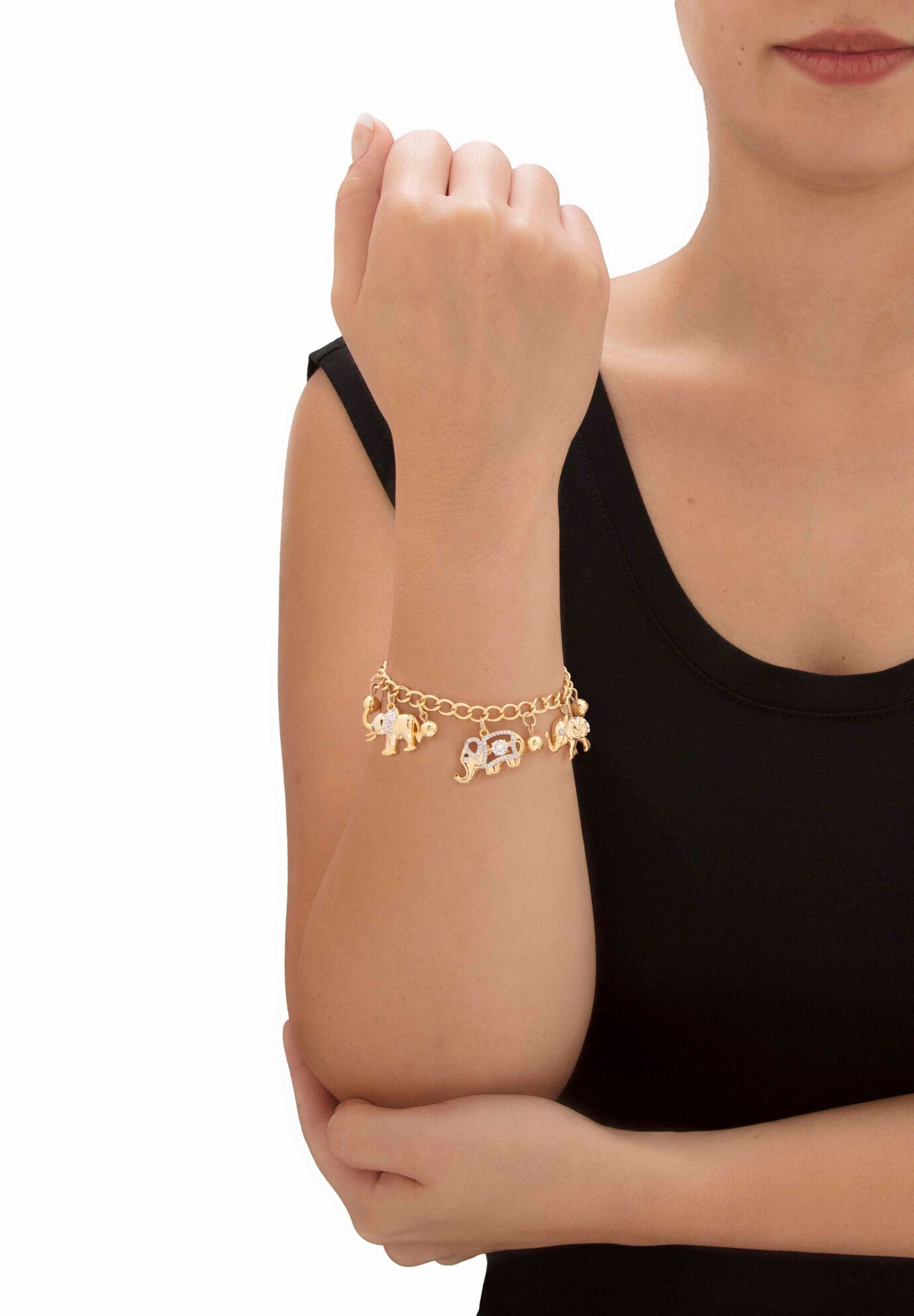 Gold Tone Round Crystal Elephant Charm Bracelet, , alternate image number 2