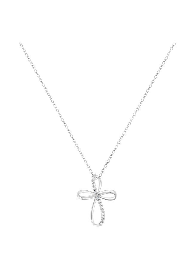 Sterling Silver Diamond Accent Cross Ribbon Pendant Necklace, , on-hover image number null