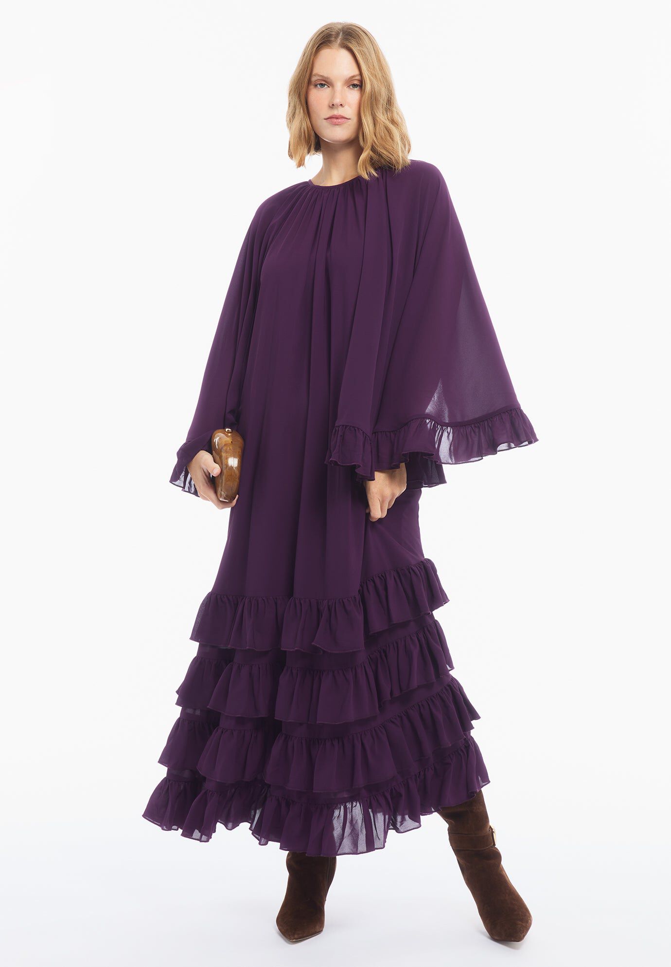 Ruffled Georgette Gown With Cape
