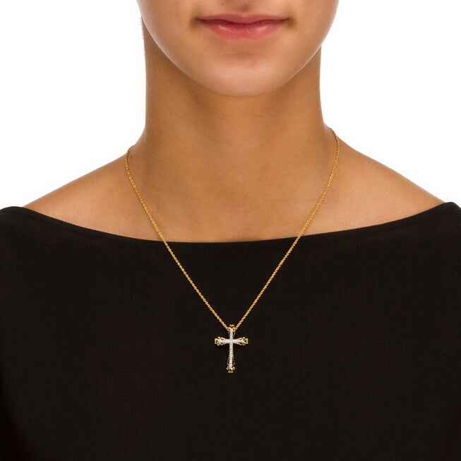 Diamond Accent Cross Pendant Necklace in Gold-Plated Sterling Silver, WHITE, alternate image number 2