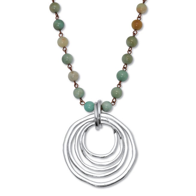 Round Genuine Green Amazonite Silvertone Drop Pendant Necklace 34-inch, GREEN, hi-res image number 0