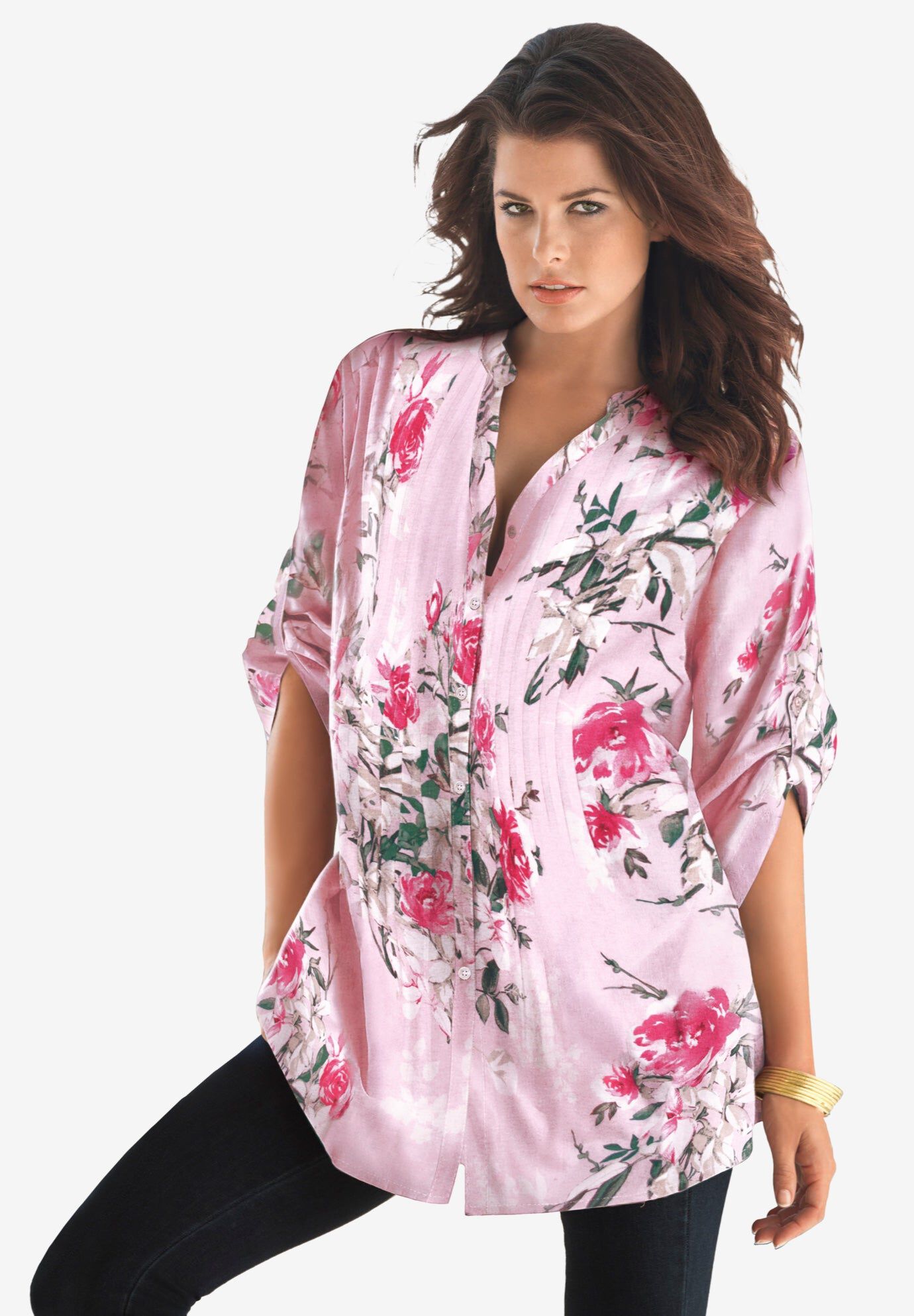 Plus Size Floral Y-Neck Pintuck Tunic &ndash; Adjustable Long Sleeve Button-Front, Relaxed Shirt Style, PINK ROMANTIC ROSE, hi-res image number 0