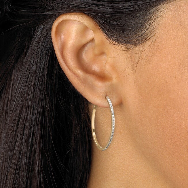 Diamond Accent 14k Yellow Gold Diamond Fascination Hoop Earrings (1 1/4 inches), WHITE, alternate image number null