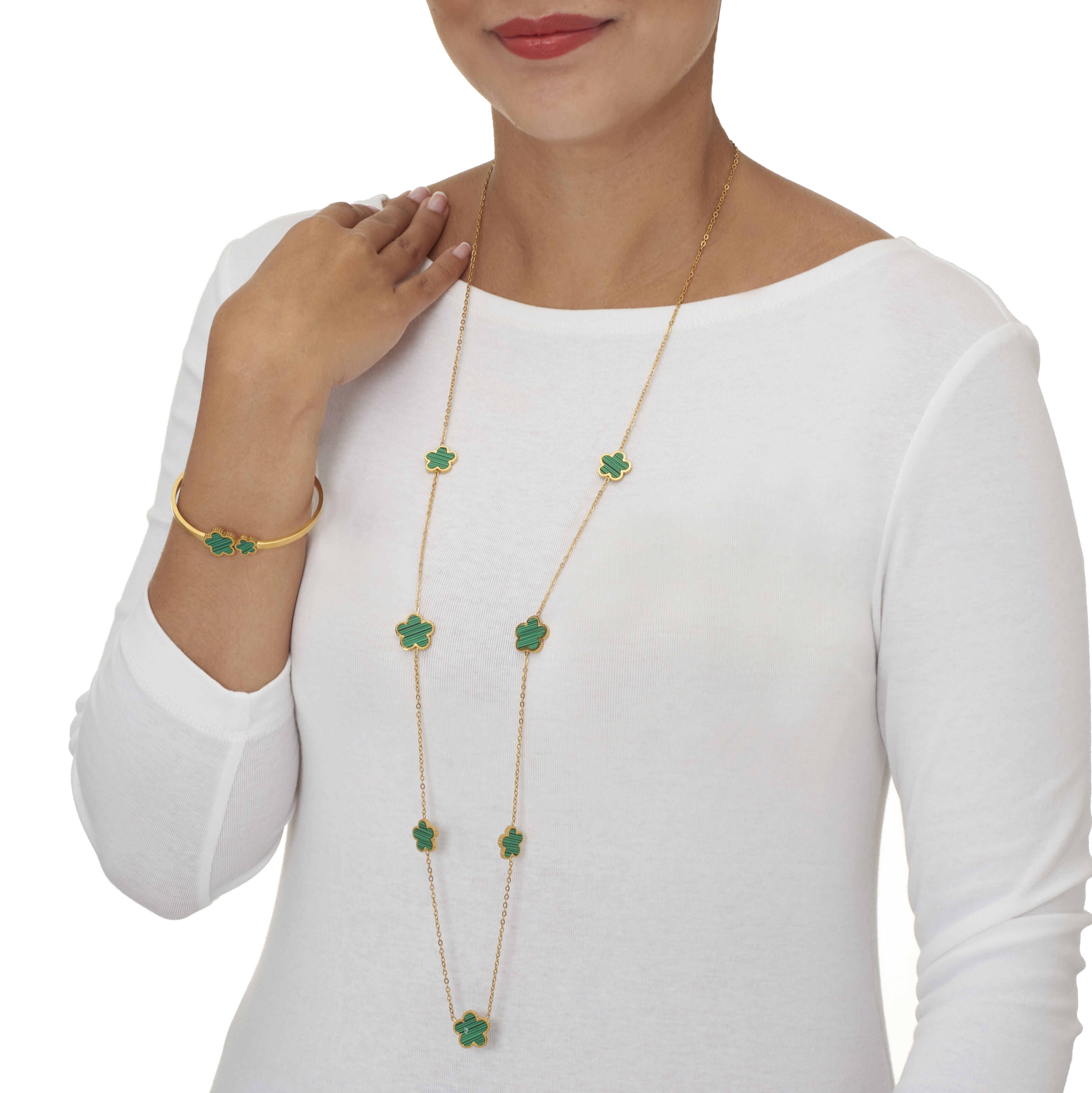 Genuine Green Malachite Gold Ion-Plated Stainless Steel Clover Jewelry Set, GREEN, alternate image number 2
