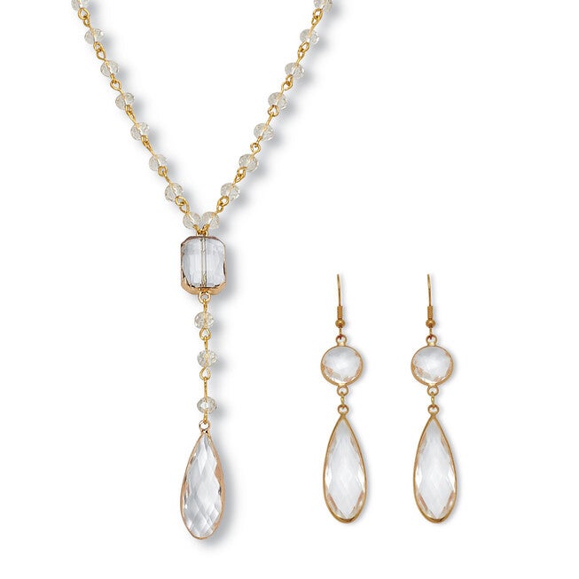Crystal Goldtone Vintage-Inspired Necklace and Earring Set, WHITE, hi-res image number null