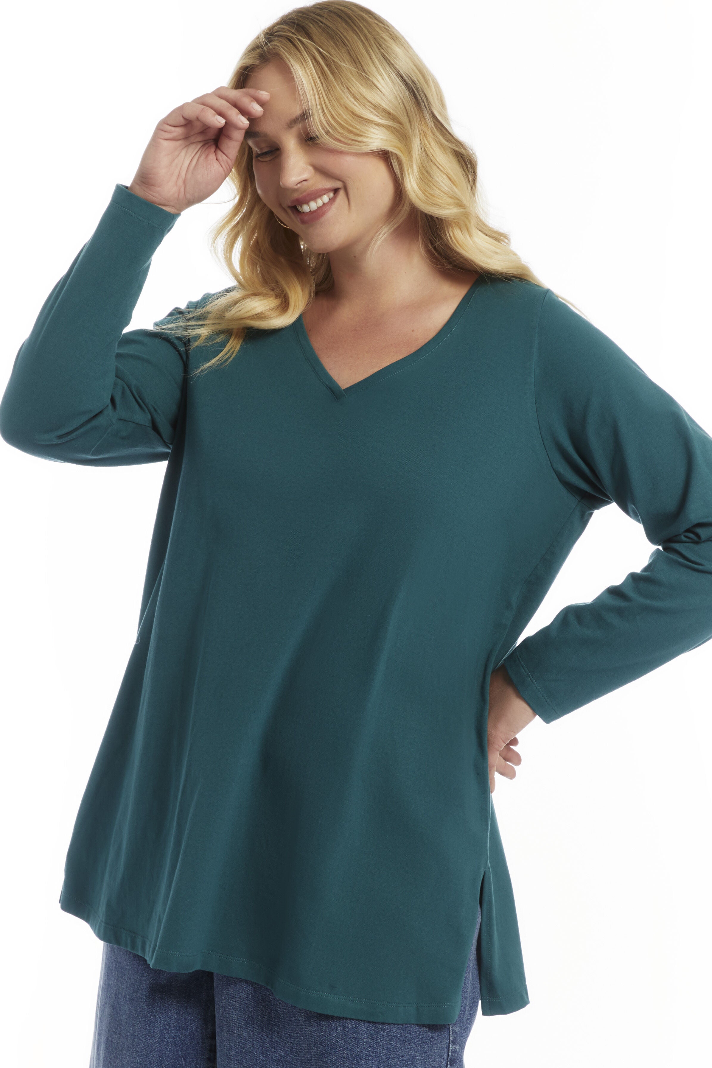 Long-Sleeve V-Neck One + Only Tunic, GREEN HERON, alternate image number 2