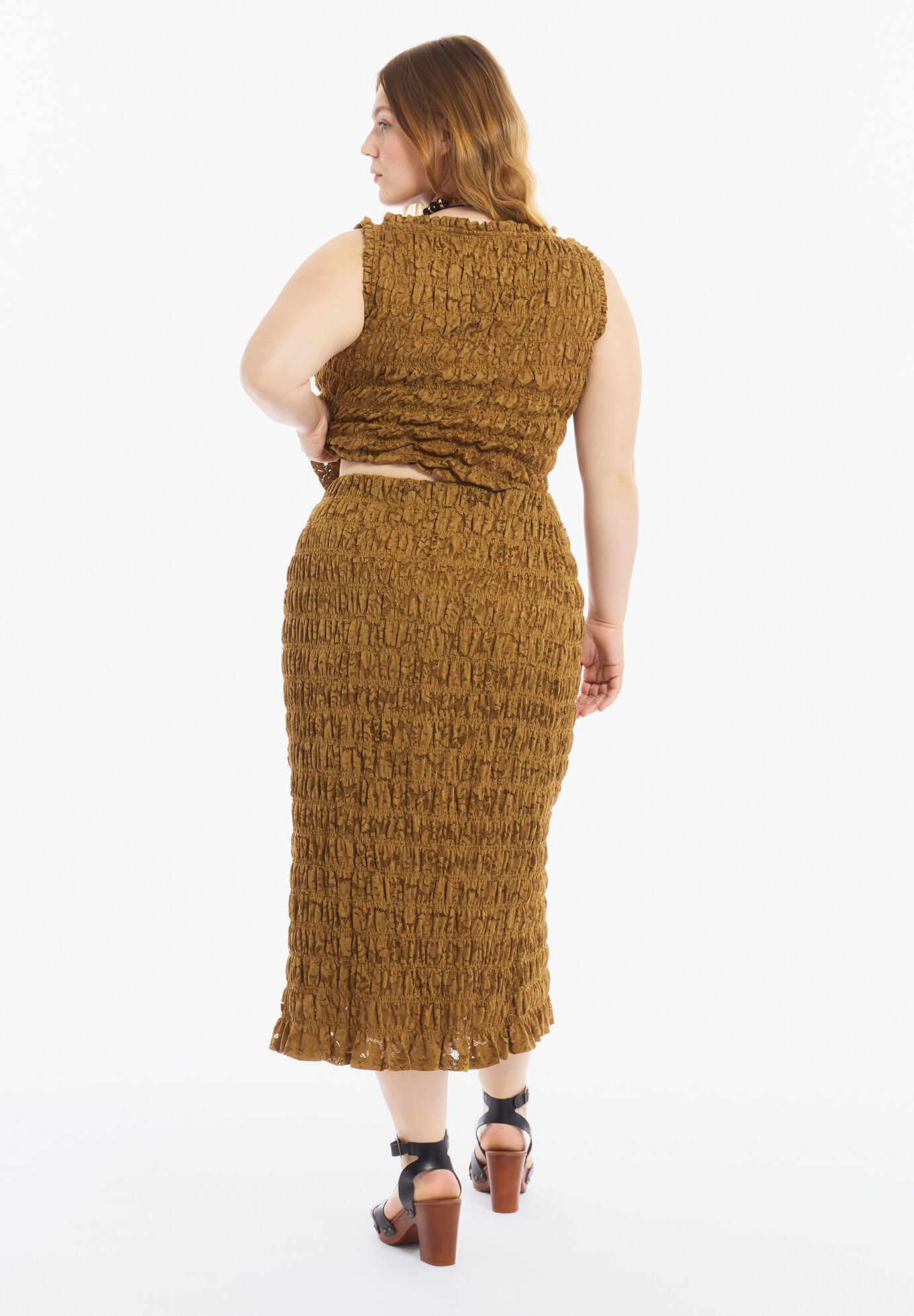 Smocked Lace Knit Midi Skirt, GARDEN OLIVE, alternate image number 2