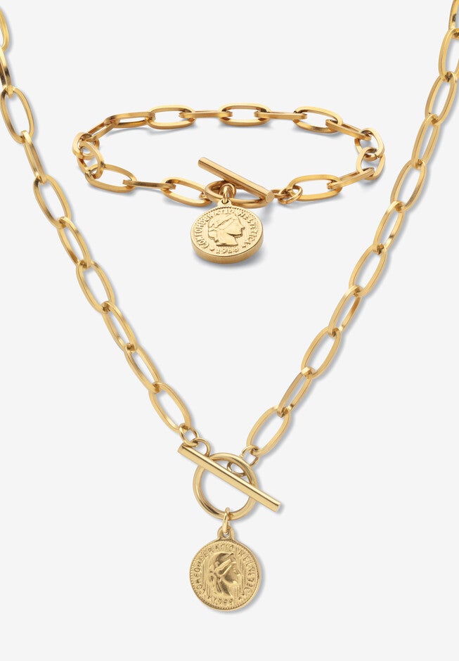 2 Piece Cable Link Coin Necklace Set Gold Ion Plated Stainless Steel, GOLD, hi-res image number null