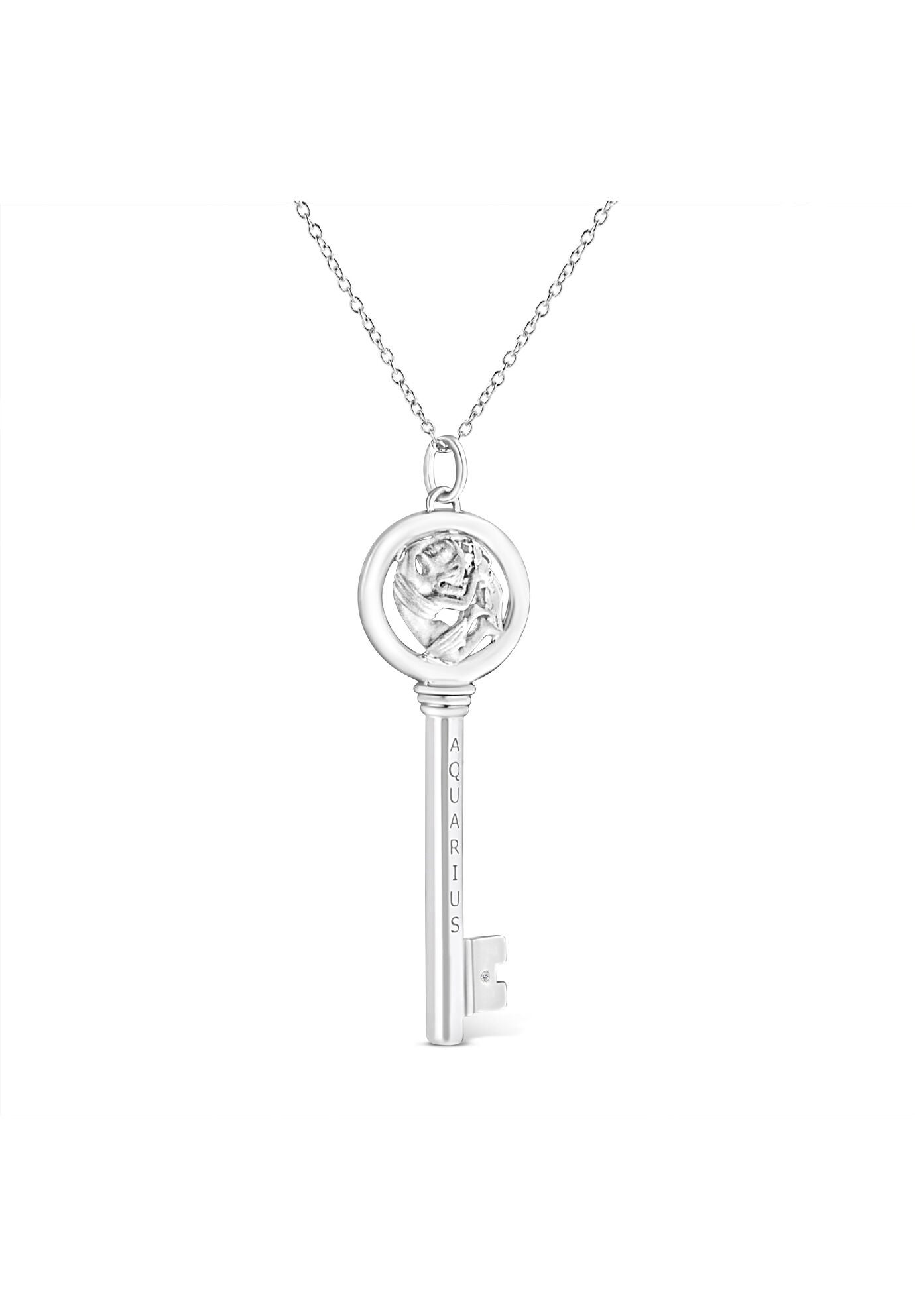 Sterling Silver Diamond Accent Aquarius Zodiac Key Pendant Necklace, , alternate image number 2