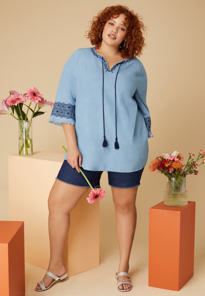 Fringe Denim Blouse, DENIM GEO EYELET, hi-res image number null