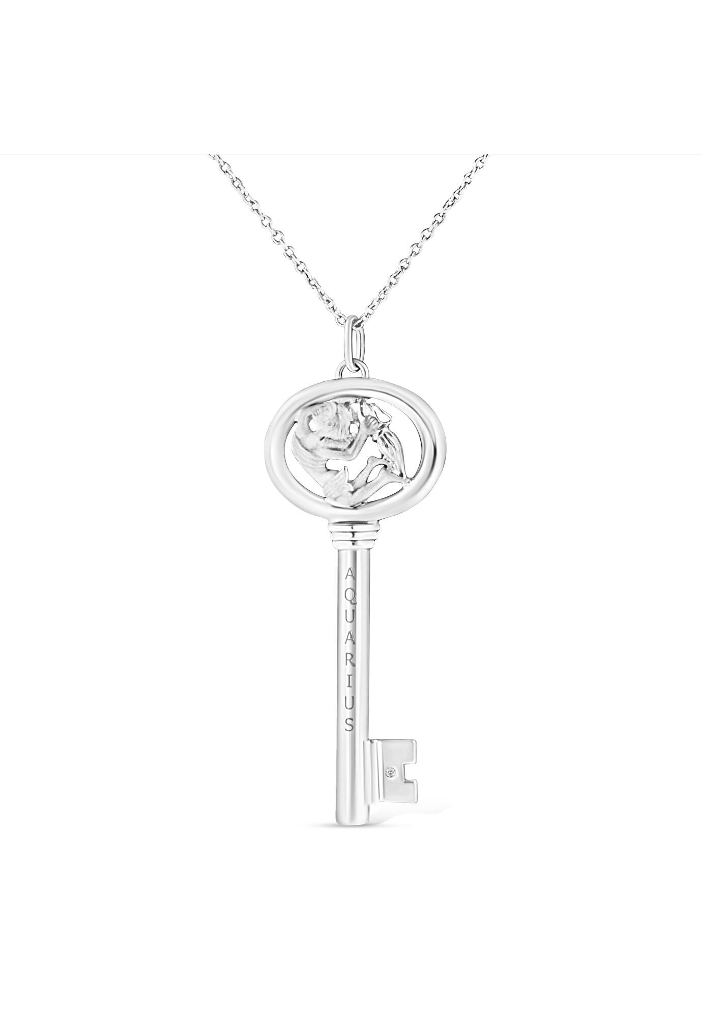 Sterling Silver Diamond Accent Aquarius Zodiac Key Pendant Necklace, WHITE, hi-res image number 0