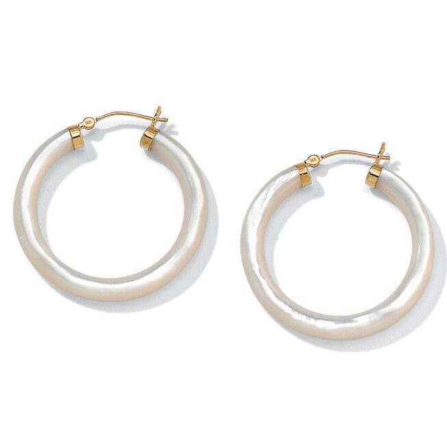 Genuine Mother-Of-Pearl 14k Yellow Gold Hoop Earrings, WHITE, on-hover image number null