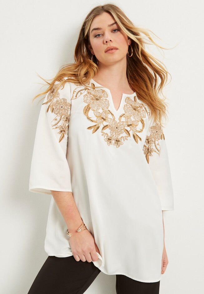 Floral-Embellished Georgette Top, , alternate image number null