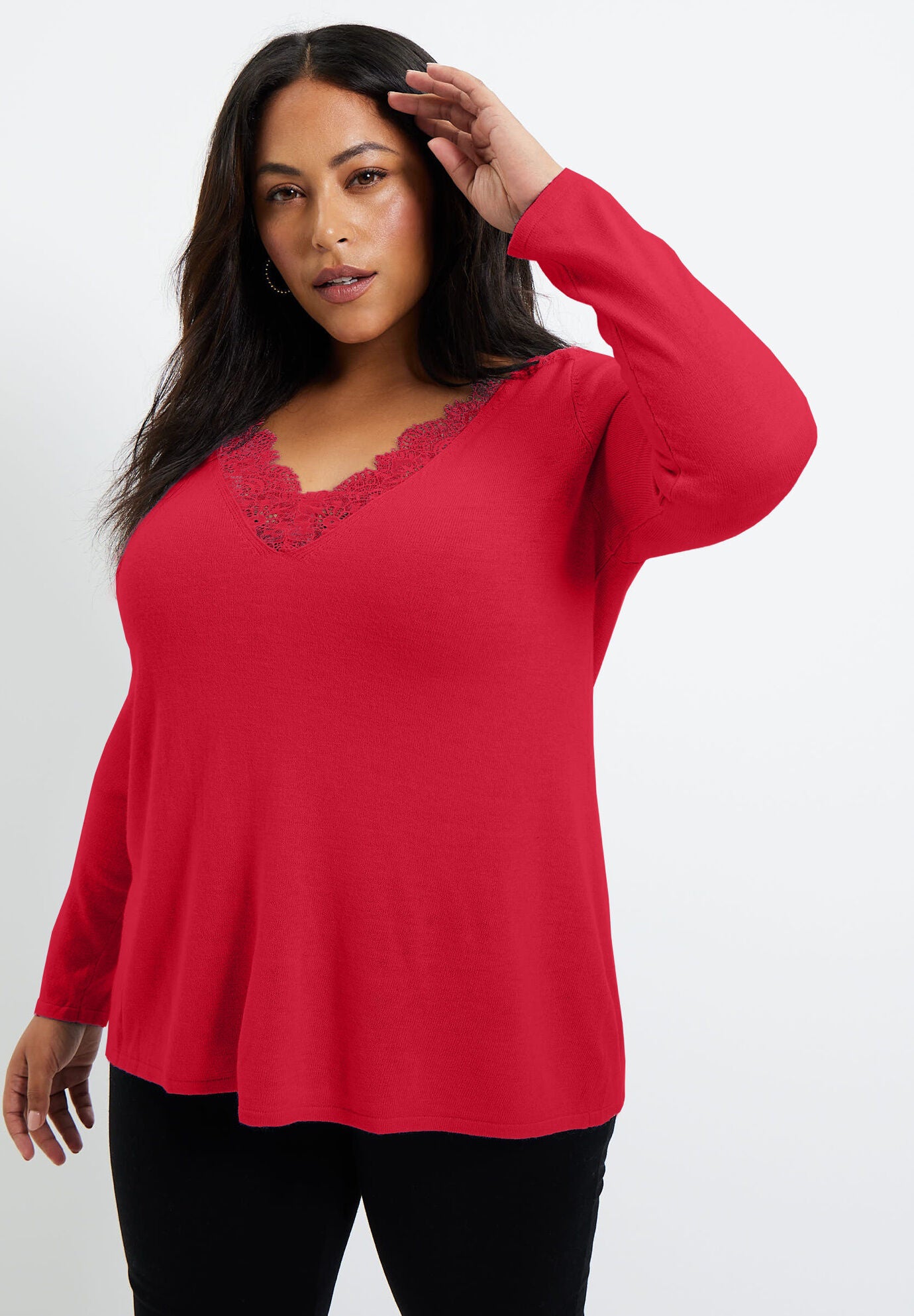 Scallop Lace Sweater, CLASSIC RED, hi-res image number 0