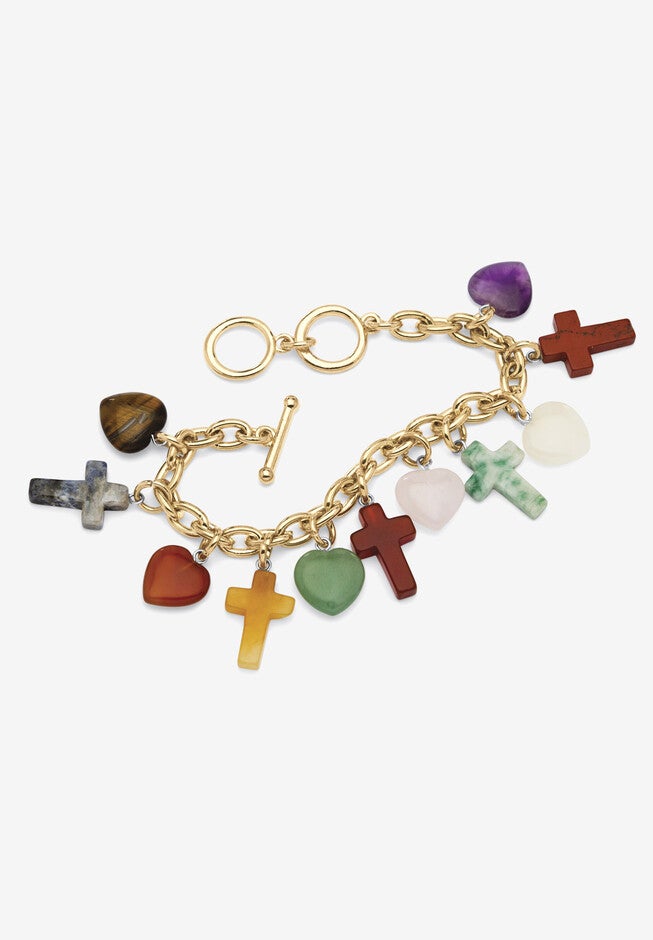 Genuine Agate Gold Tone Cross and Heart Charm Bracelet plus 1/2 inches Extender, GOLD, hi-res image number 0