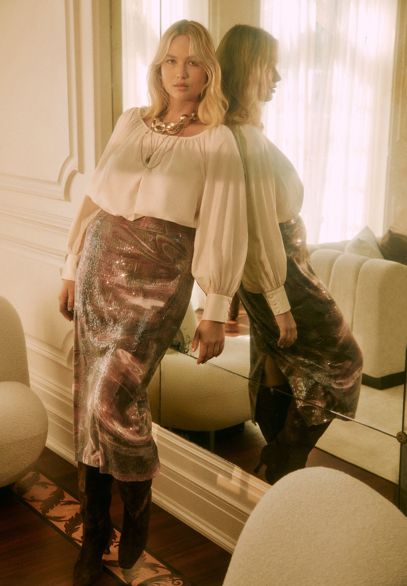 Sequined Mesh Column Midi Skirt