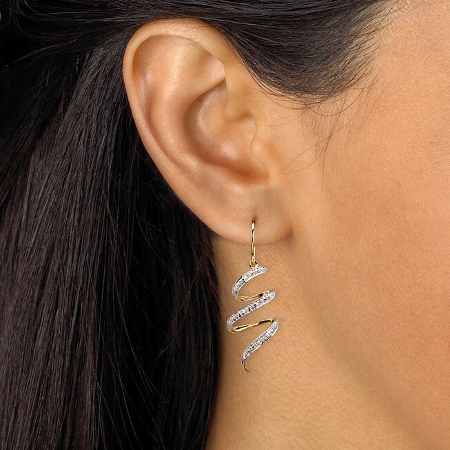 Diamond Accent 10k Yellow Gold 1 inches Ribbon Drop Earrings, WHITE, alternate image number null