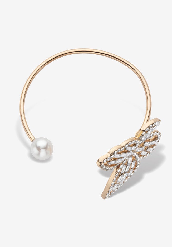 White Baguette Crystal & Simulated Pearl Butterfly Bangle Bracelet Goldtone, , on-hover image number 1