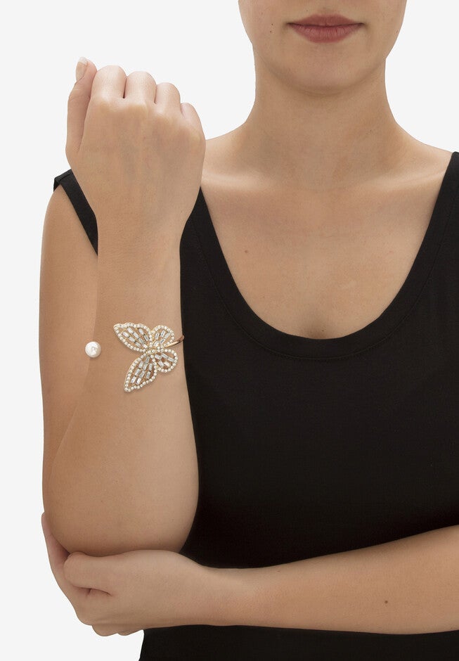 White Baguette Crystal & Simulated Pearl Butterfly Bangle Bracelet Goldtone, , alternate image number 5