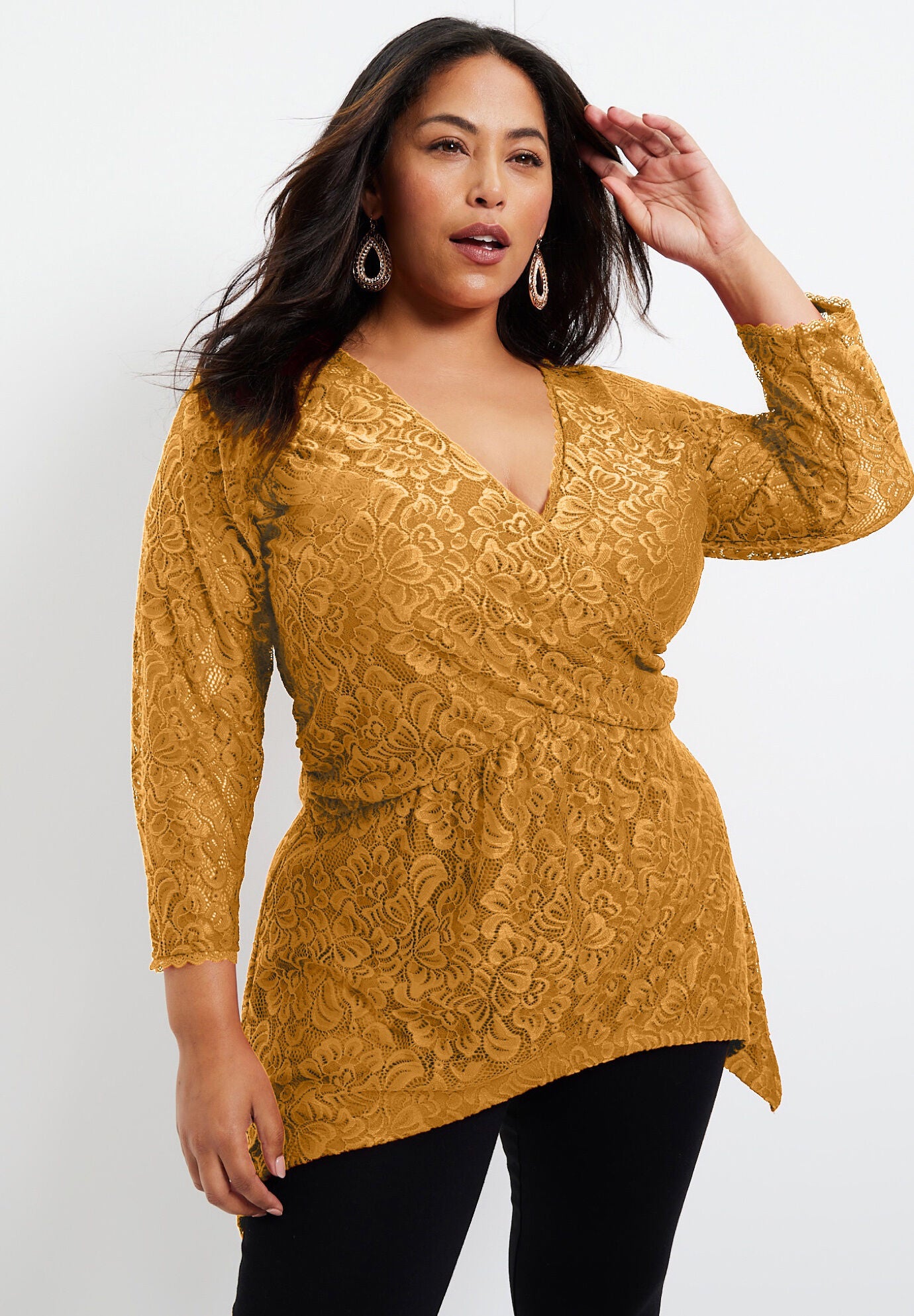 Faux Wrap Lace Top, PALE GOLD, hi-res image number 0