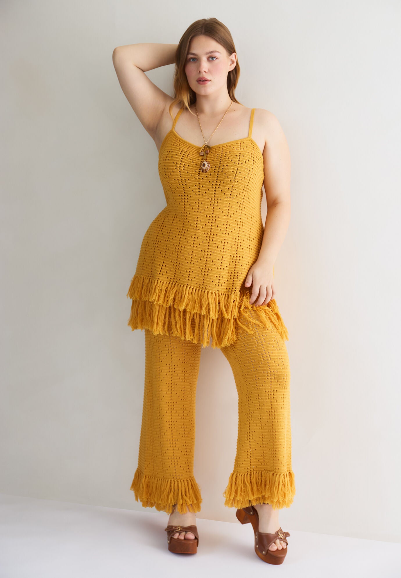 Fringe Trim Pointelle Knit Tunic, HONEY GOLD, alternate image number 3