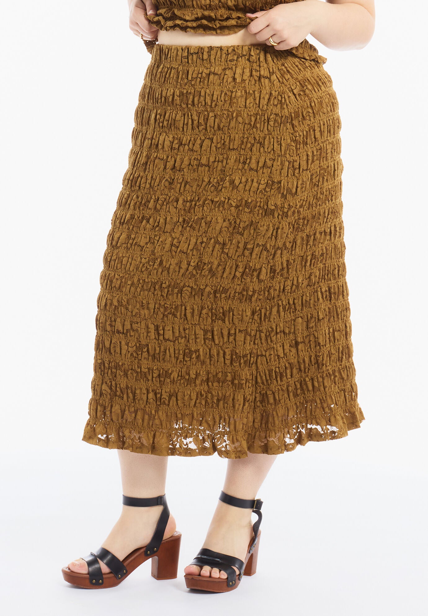 Smocked Lace Knit Midi Skirt, GARDEN OLIVE, on-hover image number 1