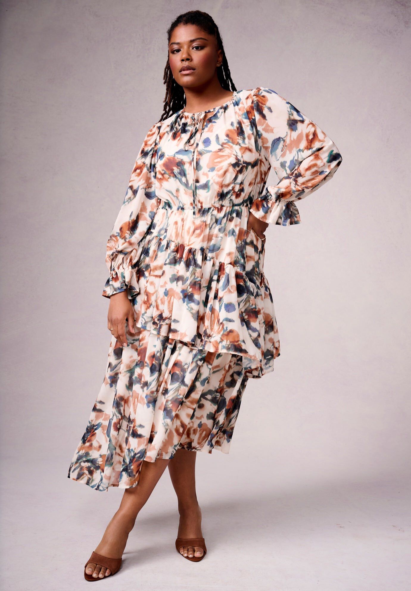Tiered Pleated Midi Dress, WATERCOLOR FLORAL, hi-res image number 0