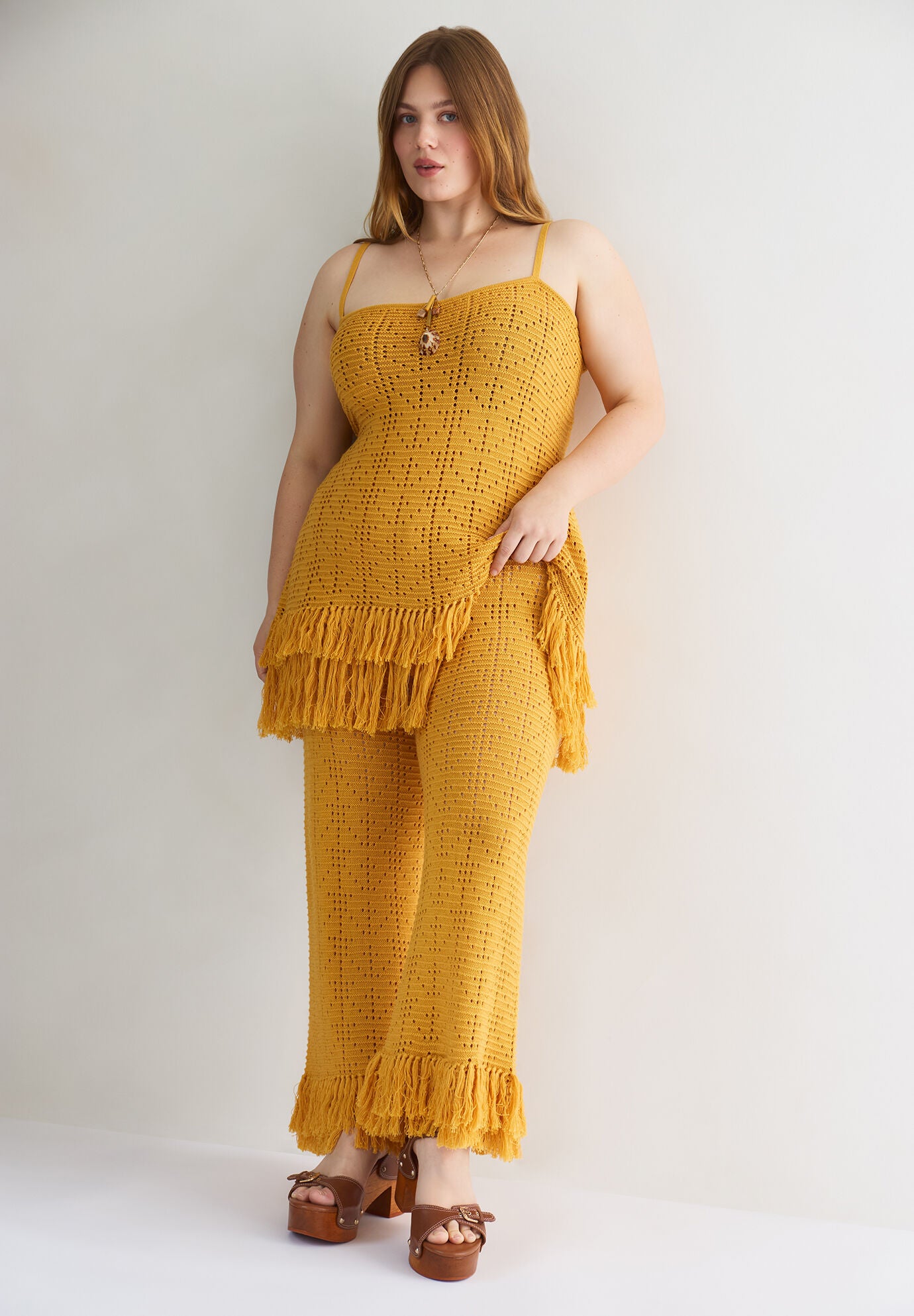 Fringe Trim Pointelle Knit Pant, HONEY GOLD, alternate image number 3