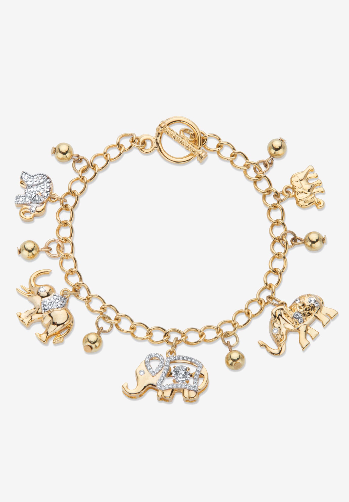 Gold Tone Round Crystal Elephant Charm Bracelet, CRYSTAL, hi-res image number 0