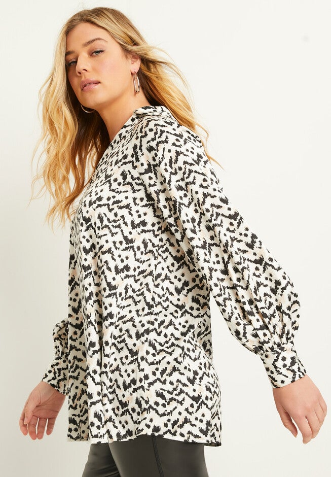Puff-Sleeve Satin Blouse, , alternate image number null