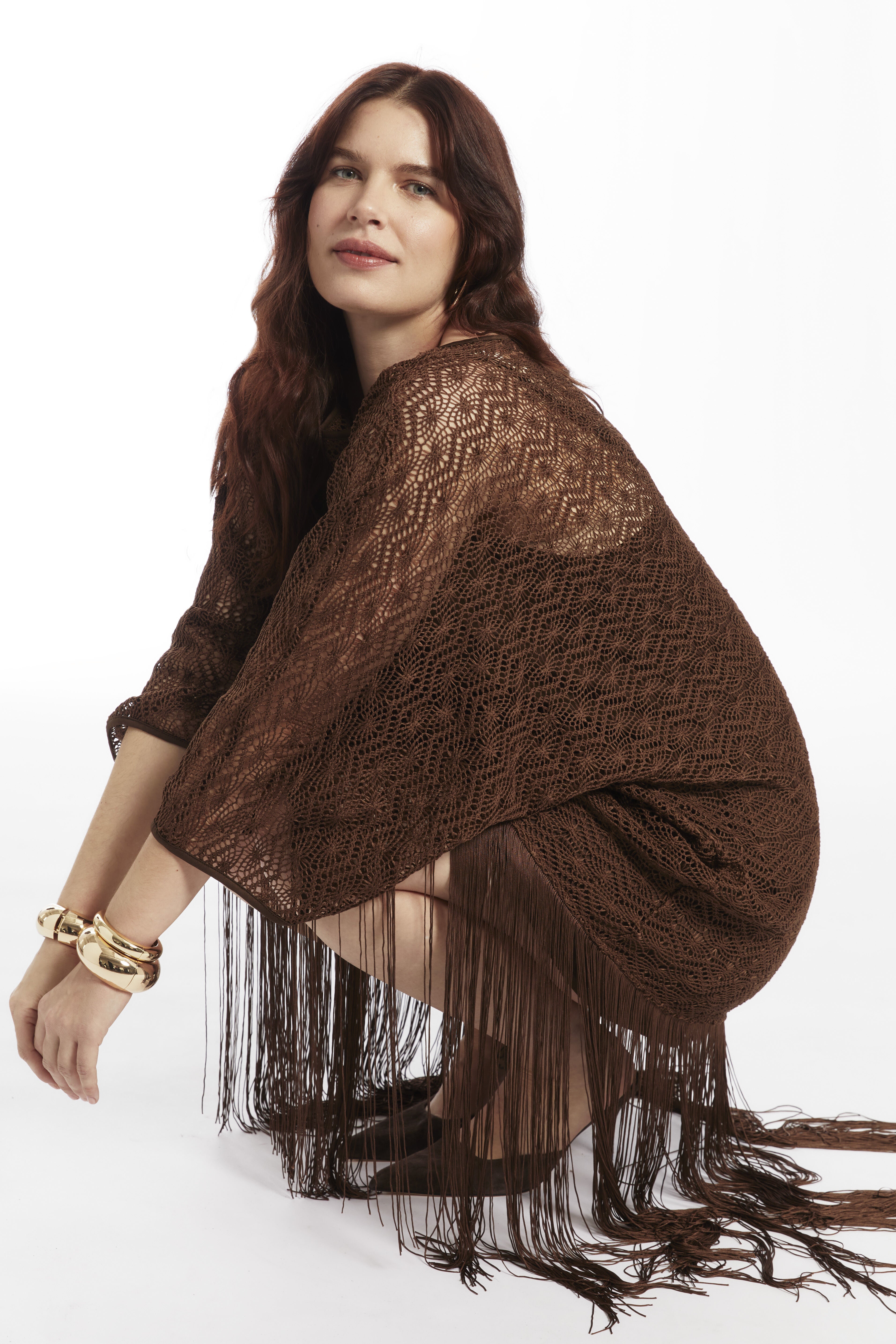 Lace Kimono Dress with Fringe, CHESTNUT, alternate image number 2